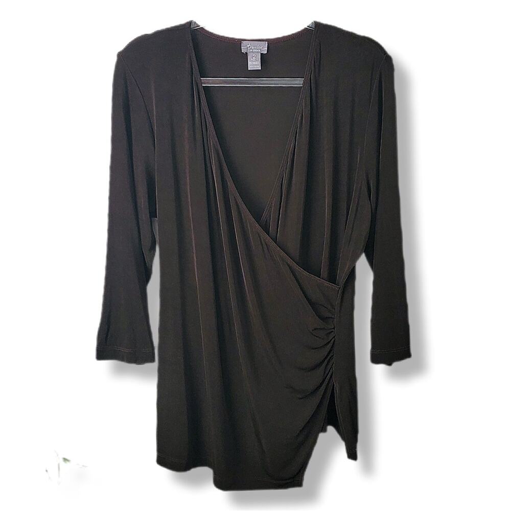 Chicos Traveler Slinky Knit Faux Wrap Blouse Top 2 L Brown Minimal Neutral